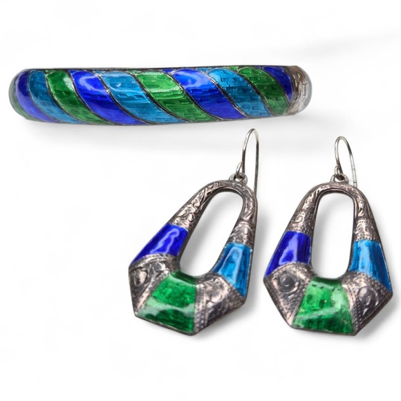Vintage Jewelry - Vintage Sterling Silver 925 Enamel Blue Green Hinged Bangle Bracelet Earring Set